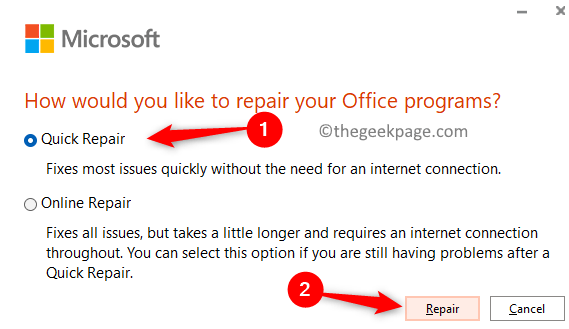 Office365クイック修復の変更最小