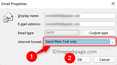 Outlook Kontakt E-mail Egenskaber Internet Format Send almindelig tekst Min