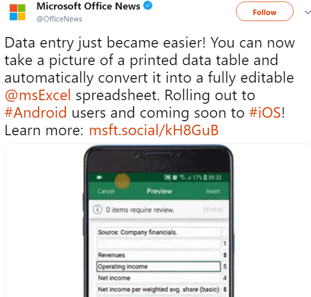 Microsoft Excel превръща снимките на таблици в редактируеми таблици