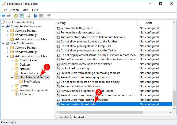 disattiva le miniature della barra delle applicazioni editor dei criteri di gruppo le miniature png non mostrano Windows 10