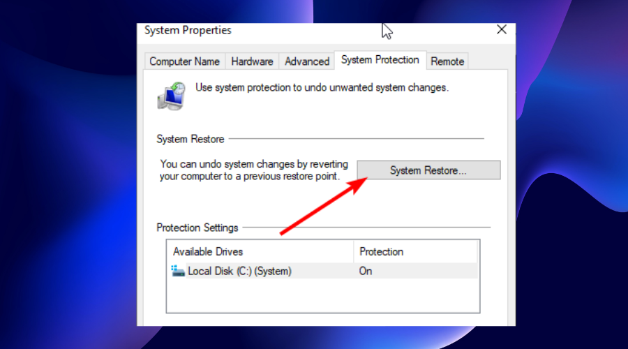 süsteemi taastamise nupp Windows 11 murdepunkt on saavutatud