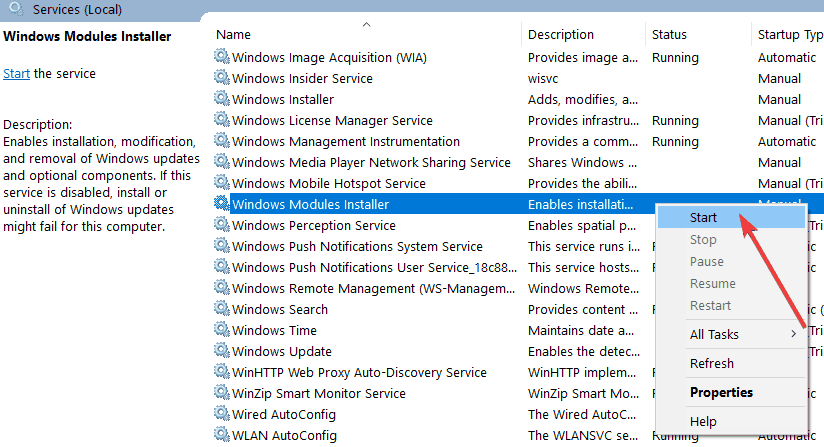 Windows-Modul-Installer starten