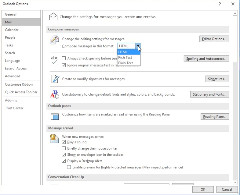Okno Opcje programu Outlook, program używany do tworzenia tego obiektu to Outlook Outlook