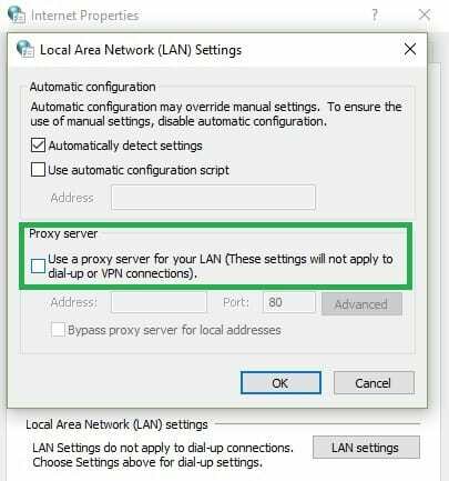 desabilitar servidor proxy para LAN