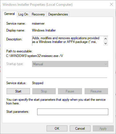 Windows Installer-Diensteigenschaften