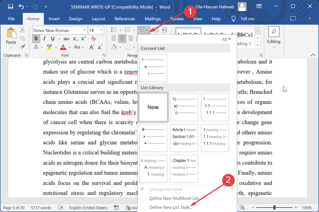 визначити новий список Microsoft Word без продовження нумерації