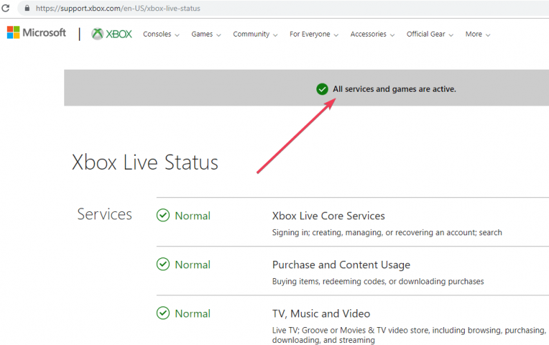 Statusinformationen des Xbox-Servers