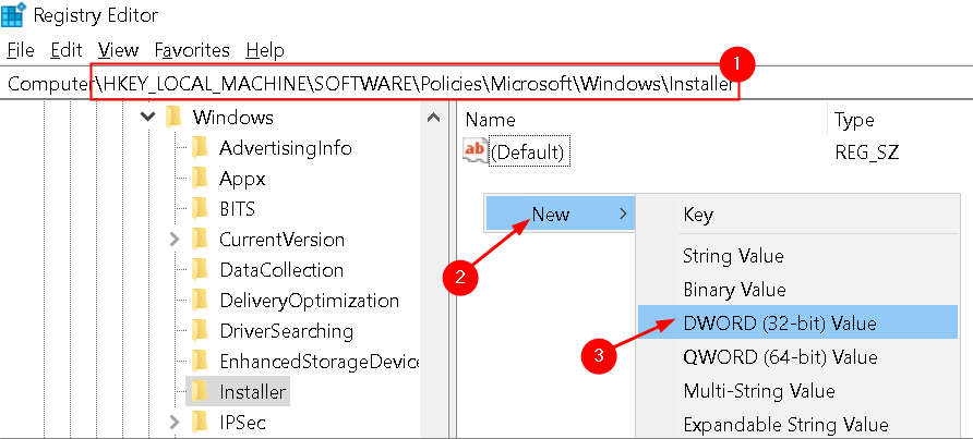 Înregistrare intrare nouă Windows Installer Min