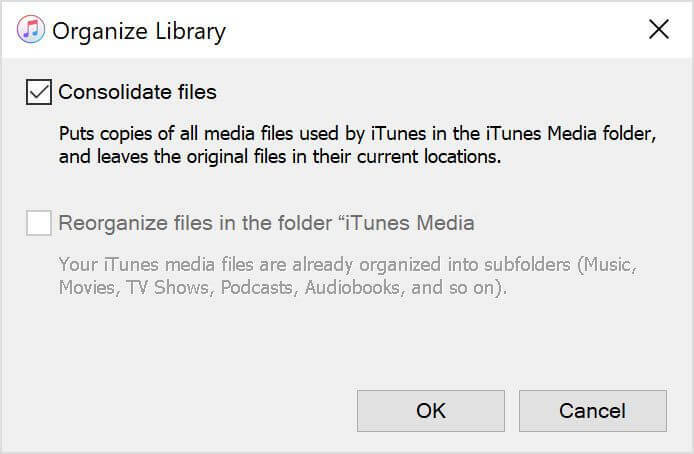 Dateien konsolidieren iTunes-Fehler -50, -54