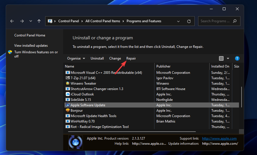 Remonto parinktis „Windows 11“ neatpažįsta „ipad“.