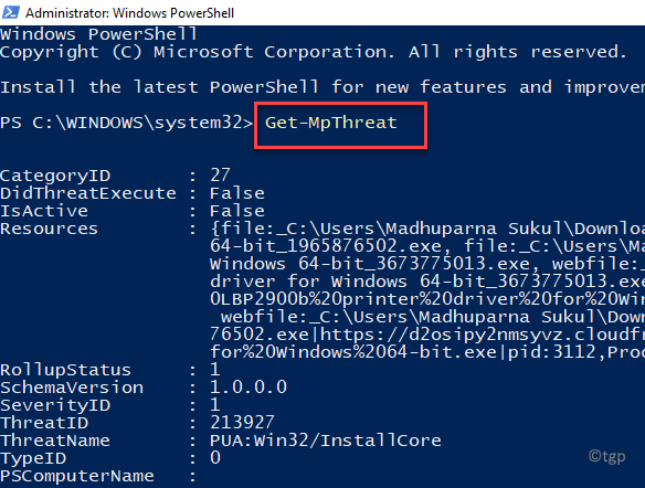 Windows Powershell (admin) Ejecute el comando para ver la lista de amenazas Introduzca el mínimo