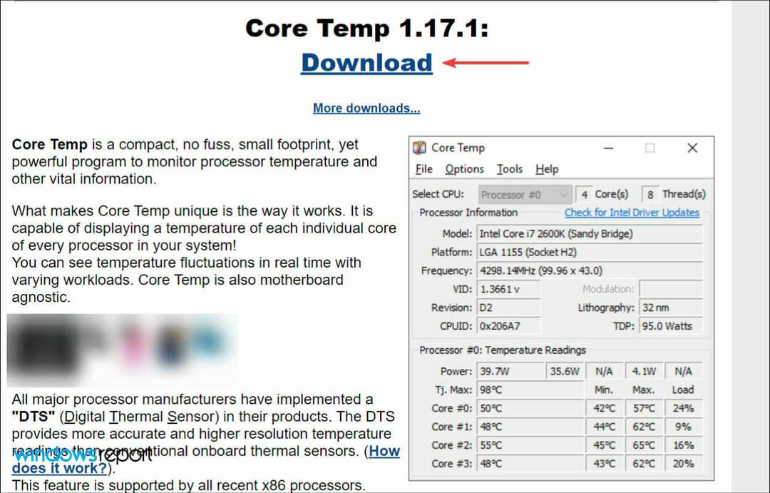 Laadige alla Core Temp, et kontrollida protsessori temperatuuri Windows 11