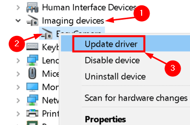 Manager dispozitiv Dispozitive de actualizare a driverelor Imaging Min