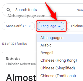Google Fonts-Sprachen Wählen Sie Min