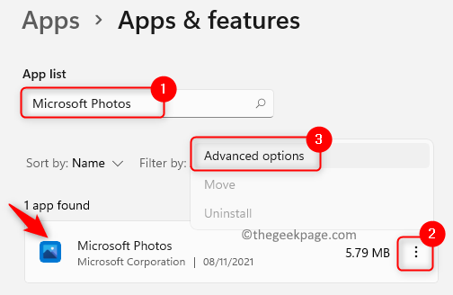 Programų funkcijos Microsoft Photos Išplėstinės parinktys Min