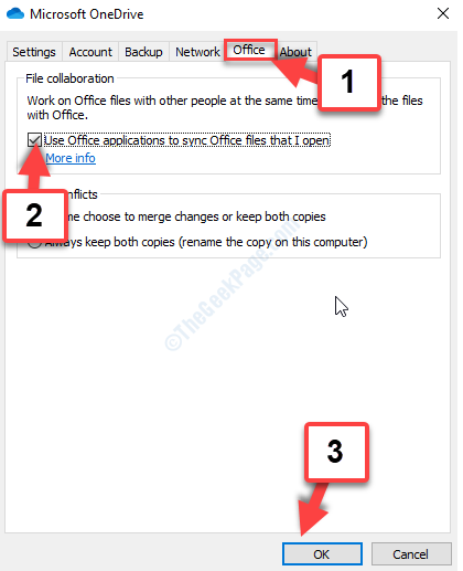 Office-tabblad Office-tabblad Bestandssamenwerking Gebruik Office-toepassingen om Office-bestanden te synchroniseren die ik open Deselecteer Ok
