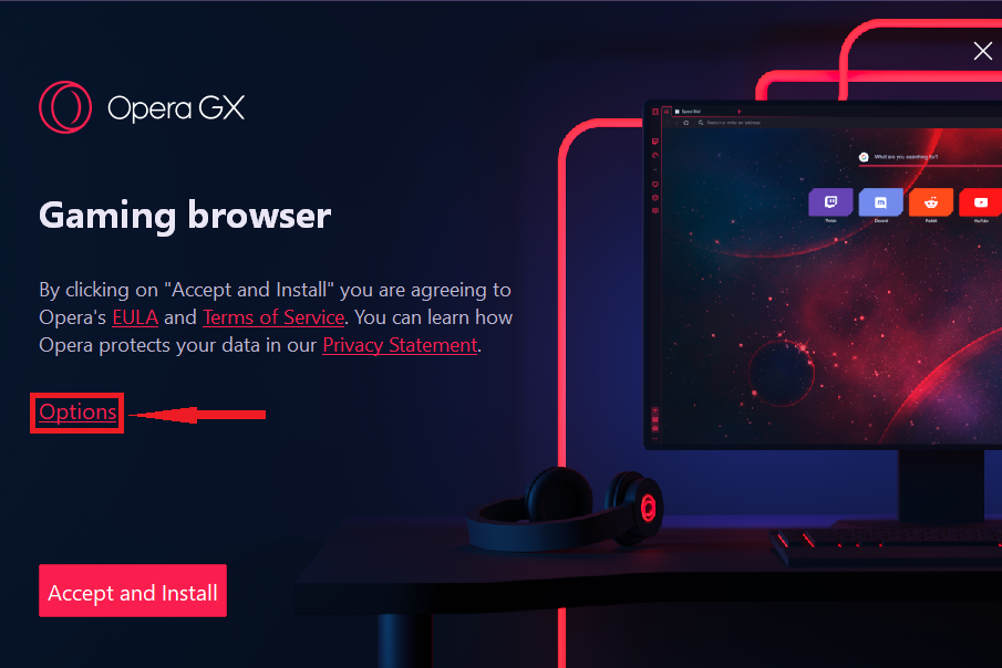Opera GX Installer -aloitusnäyttöä ei voi ladata
