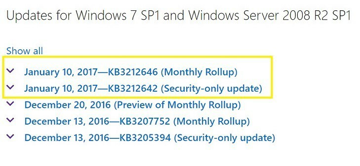 Microsoft აწარმოებს Windows 7 KB3212642 და ყოველთვიური Rollup KB3212646