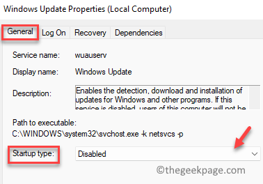 คุณสมบัติ Windows Update ทั่วไป ประเภทการเริ่มต้นปิดการใช้งาน