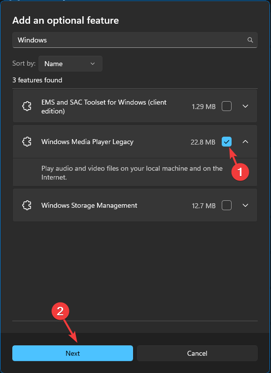 Selectați Windows Media Player Legacy