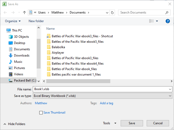 Вікно Зберегти як заархівовано файл Excel не менше