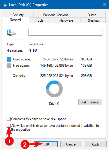 dovoli, da imajo datoteke na tem pogonu poleg lastnosti datotek tudi indeksirano vsebino