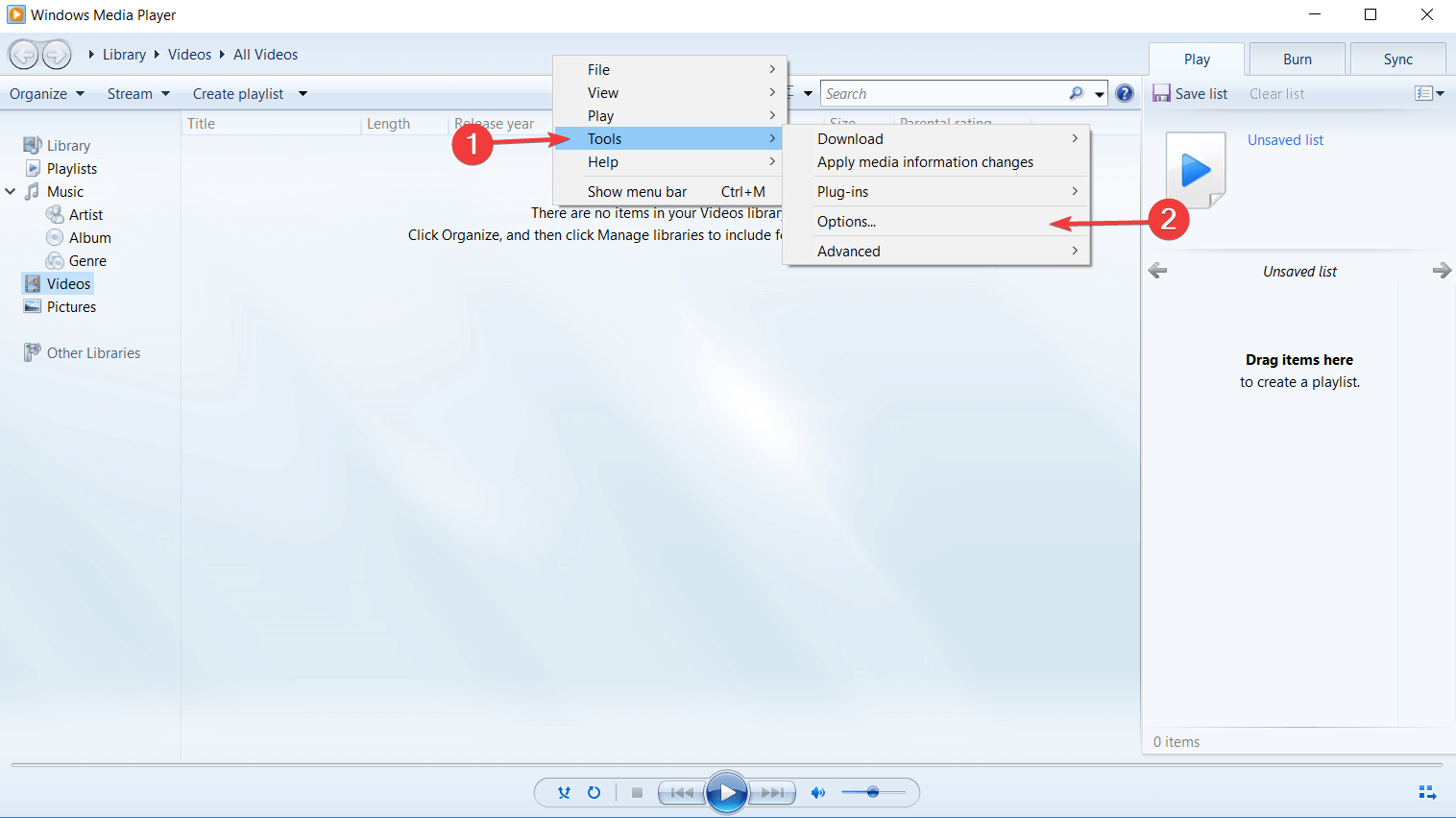 опции на Windows Media Player