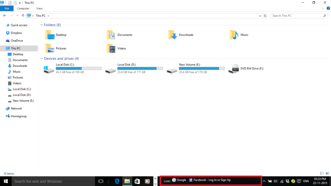 Kaip pridėti nuorodų įrankių juostą sistemoje „Windows 10“
