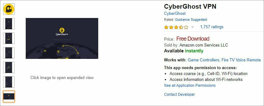 ჩამოტვირთეთ CyberGhost VPN Amazon Appstore- დან