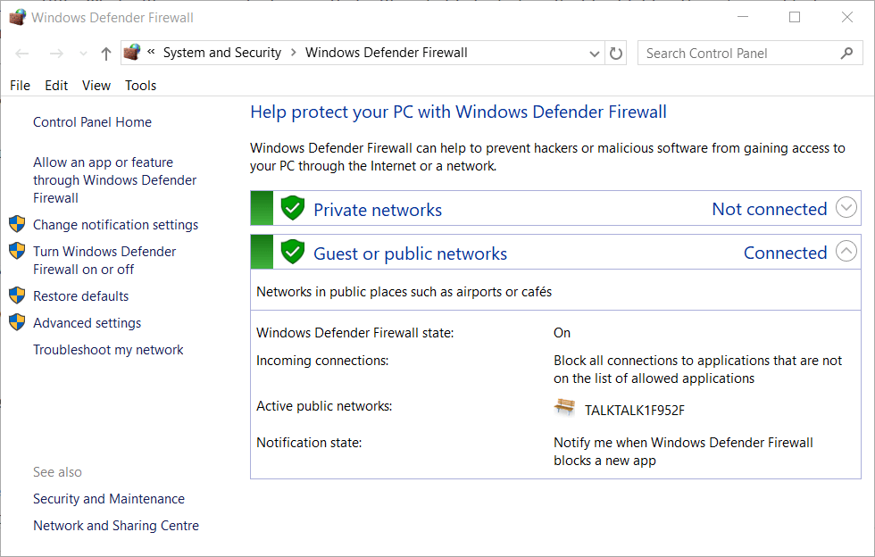Windows Defenderi tulemüüri aken 