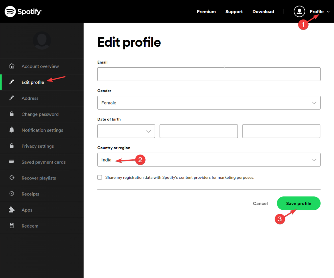 Edit profil, cari Negara atau wilayah Spotify Error Auth 74
