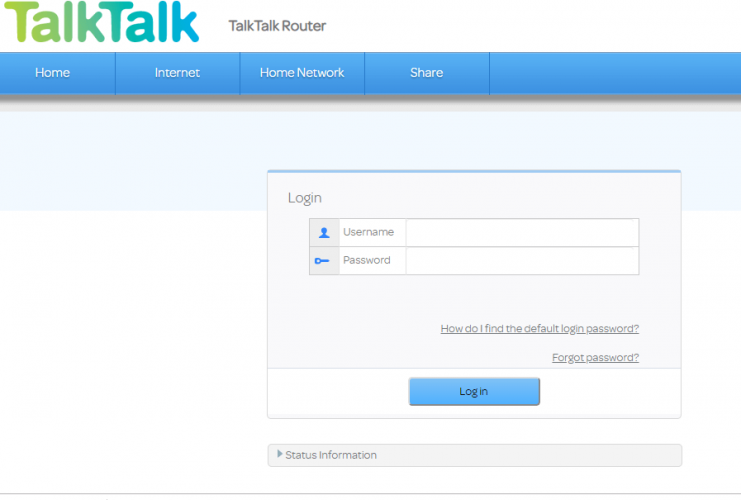 Prihlasovacia stránka konfigurácie smerovača Talk Talk Xbox Live Chybový kód 0x800c0005