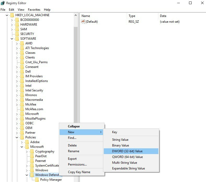 išjungti "Windows Defender" registro rengyklės langus 10