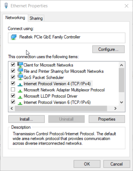 Picco ethernet della finestra Proprietà Ethernet nel task manager