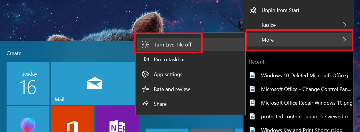 כבה אריח חי של Windows 10 אריח תמונות המציג תמונות שנמחקו