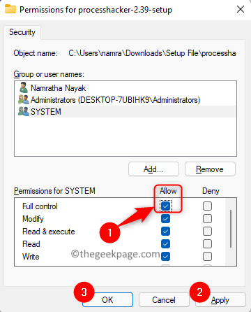 Setup-Dateiberechtigungen Vollständige Kontrolle System Min