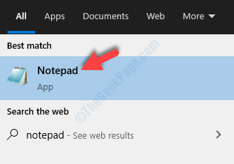 Desktop Start-søgning Notepad-resultat