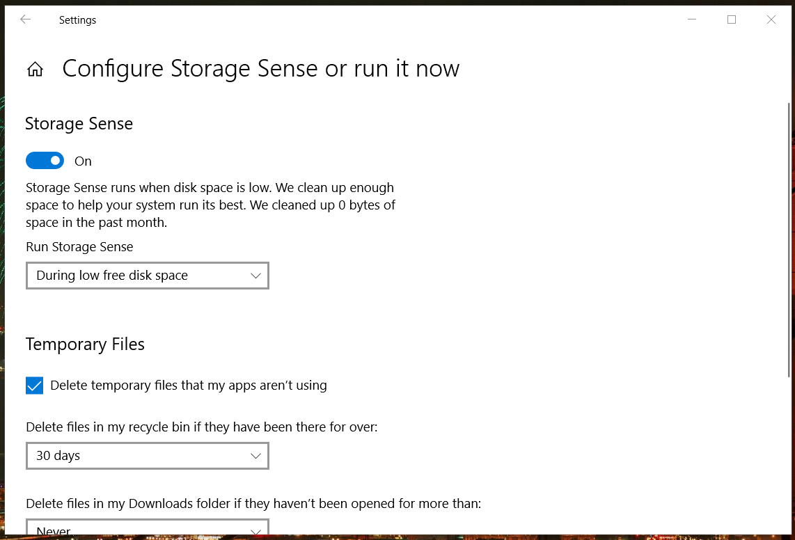 Storage Sense option file cab di windows temp