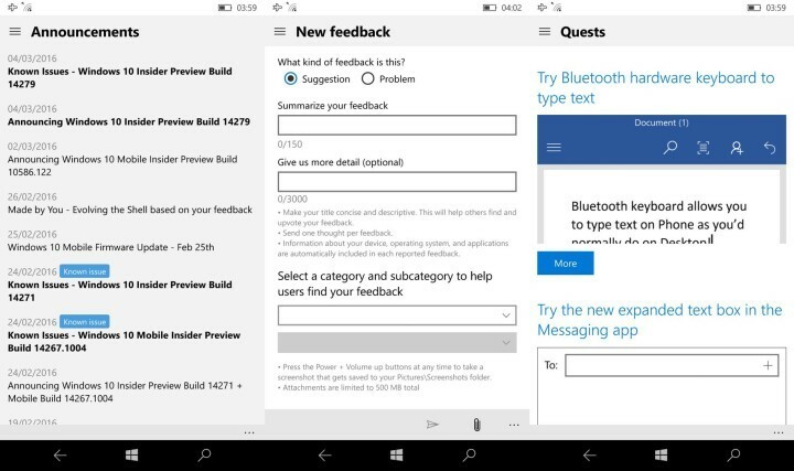 tagasiside jaotur Windows 10 mobile