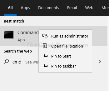 [スタート]をクリックし、検索ボックスに「Cmd」と入力して右クリックし、[管理者として実行]を選択します