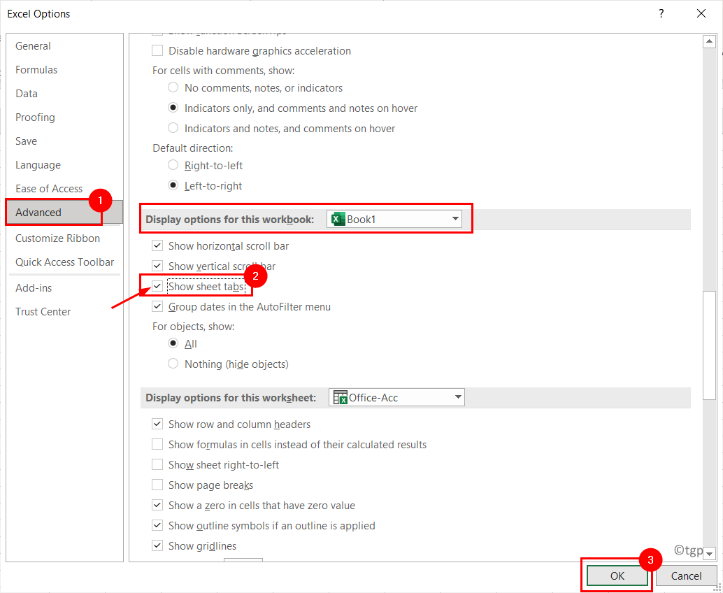 Opciones de Excel Avanzado Mostrar pestañas de hoja Mín.