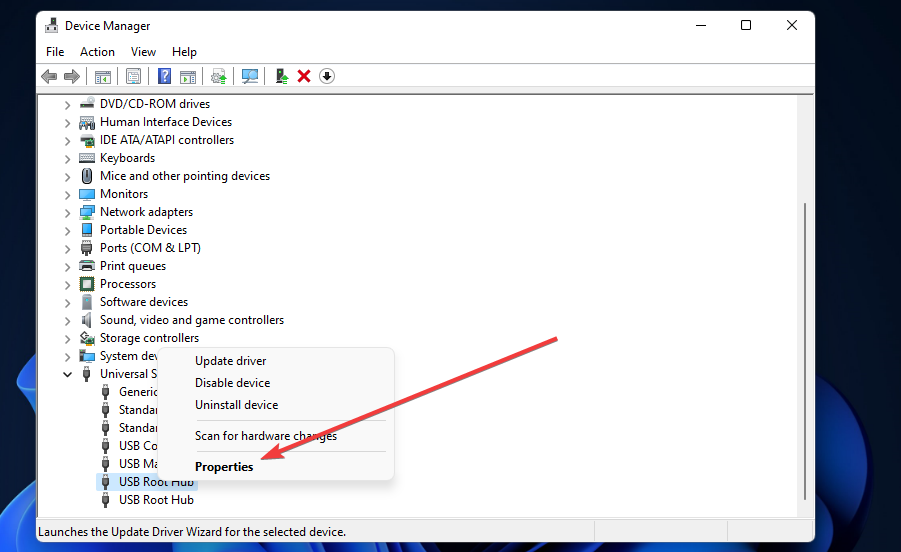 Tulajdonságok opció A Windows 11 nem ismeri fel az USB-t