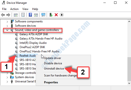 „Device Manager“ garso, vaizdo ir žaidimų valdikliai „Realtek Audio“ Dešiniuoju pelės mygtuku spustelėkite Pašalinti