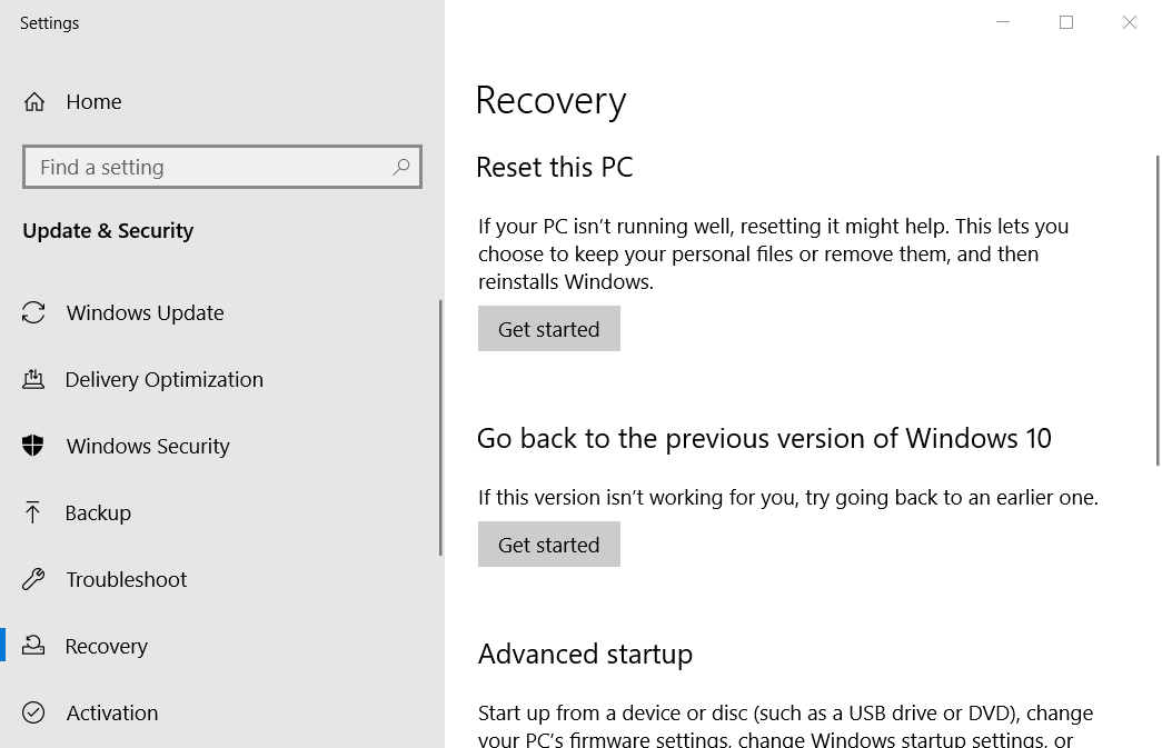 Вкладка «Восстановление» Ошибка Центра обновления Windows 0xc190011f