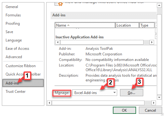 Možnosti programu Excel Pridať ins Spravujte doplnky programu Excel Go