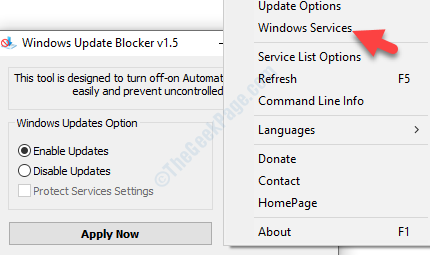 „Windows“ naujinimų blokavimo meniu „Windows“ paslaugos
