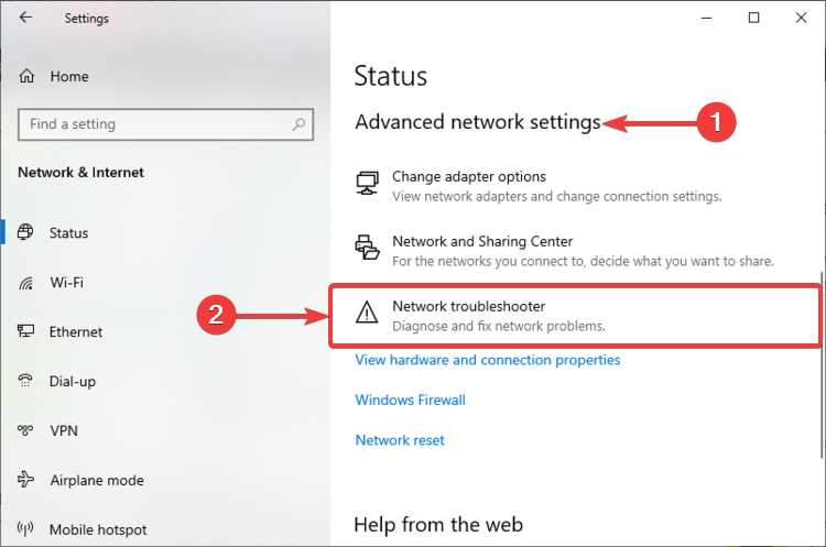 Windows 10 muestra el solucionador de problemas de red
