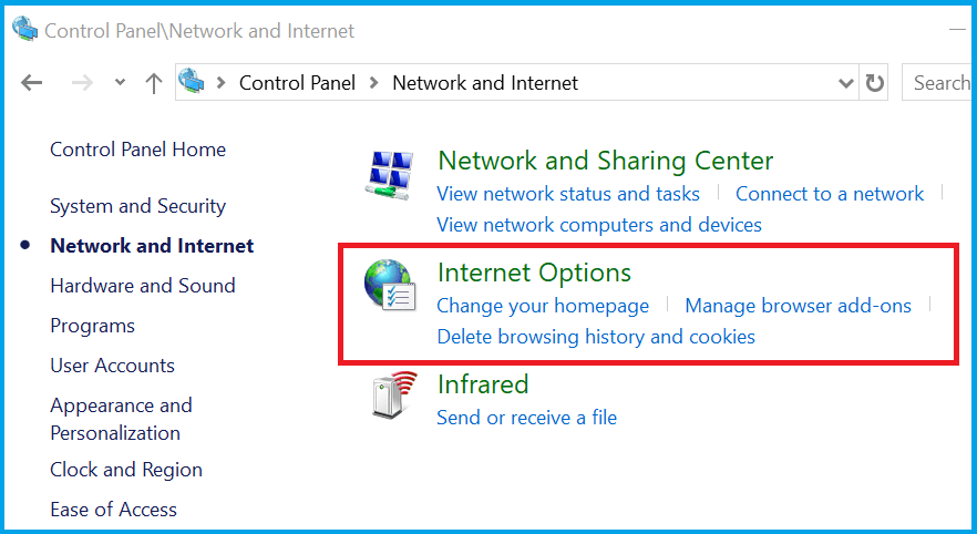 Опции за интернет в контролния панел