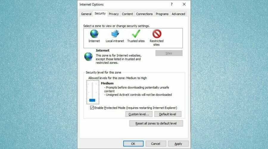 Internet Explorer güvenlik kaydırıcısı