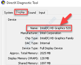 Діагностичний інструмент Directx Вкладка Відображення вкладки Назва пристрою